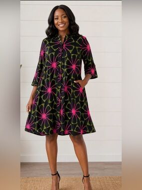Zuri S Kenya colorful starburst pattern cotton 3/4 sleeve pocket midi dress boho